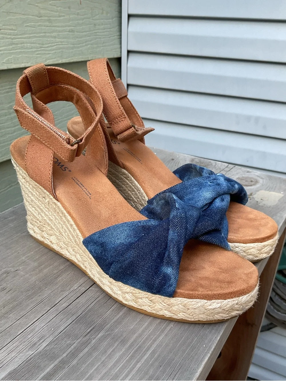 Toms Denim Blue Twist and Tan Espadrille Wedge Sandals
